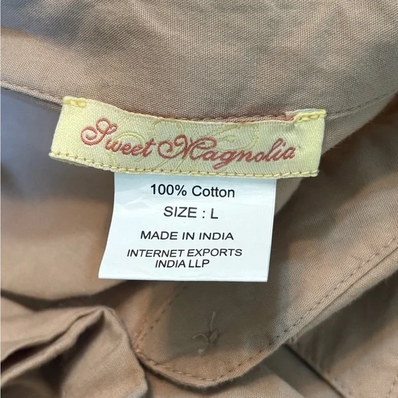 Sweet Magnolia Tan Long Sleeve Cotton Shirt Dress Cutout On Bottom Size L - Picture 7 of 14